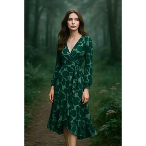 Donna Morgan Floral‎ Wrap Midi Dress Size 6 Forest Green Ruffle Long Sleeve